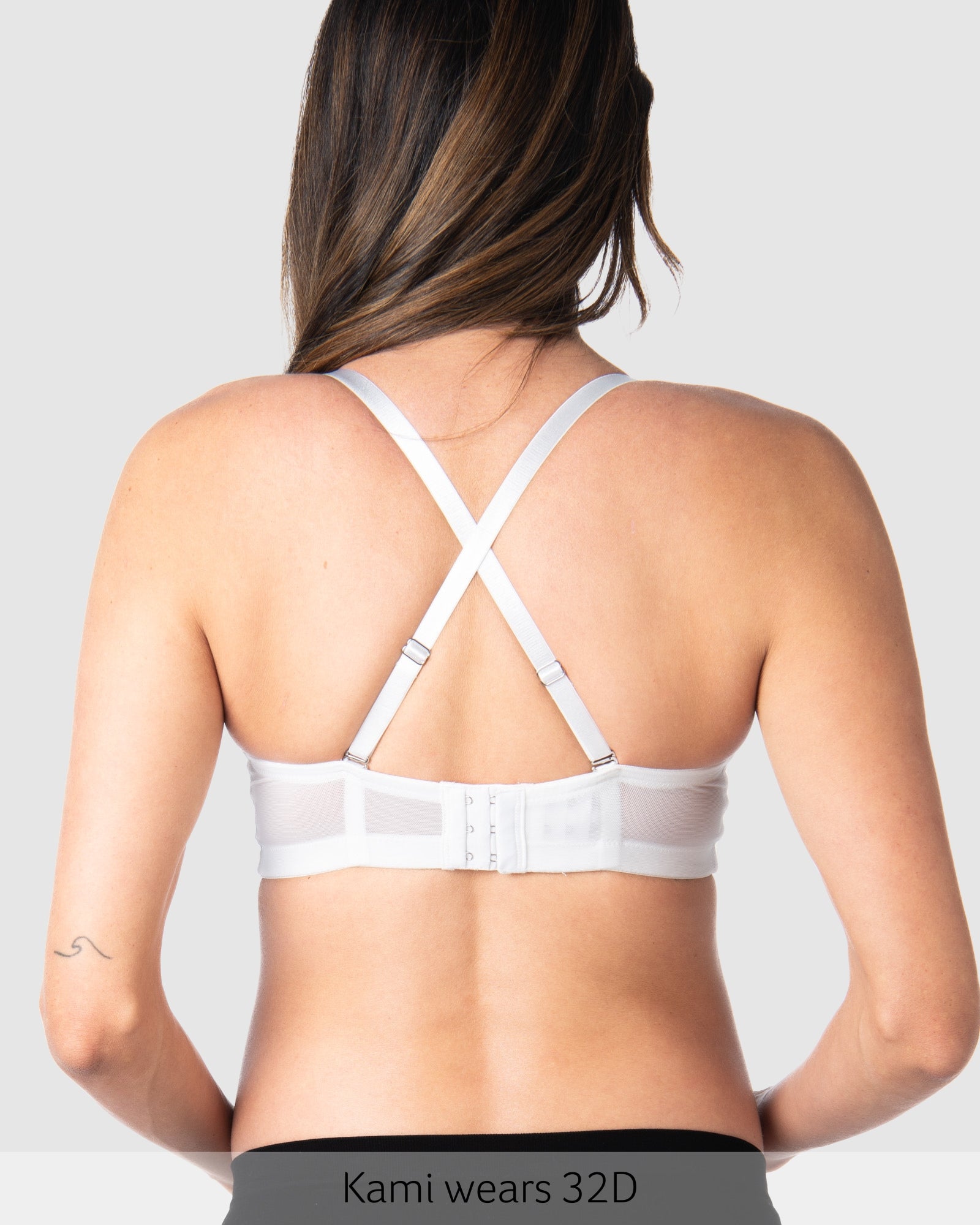 Straps worn racerback on Forever Yours Contour T-shirt Nursing Bra in White