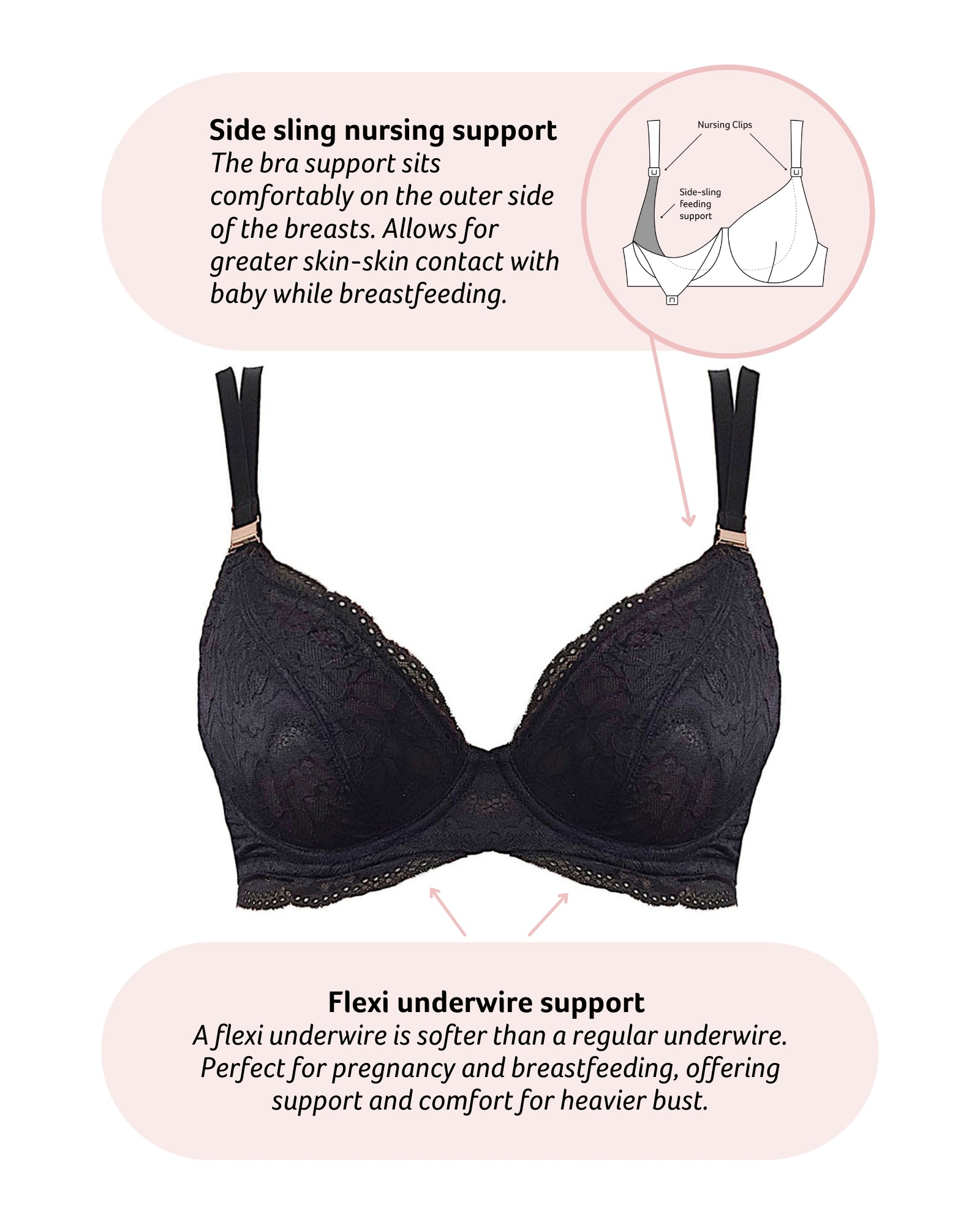 Technical features of Heroine Plunge Flexi Underwire Nursing Bra in Black