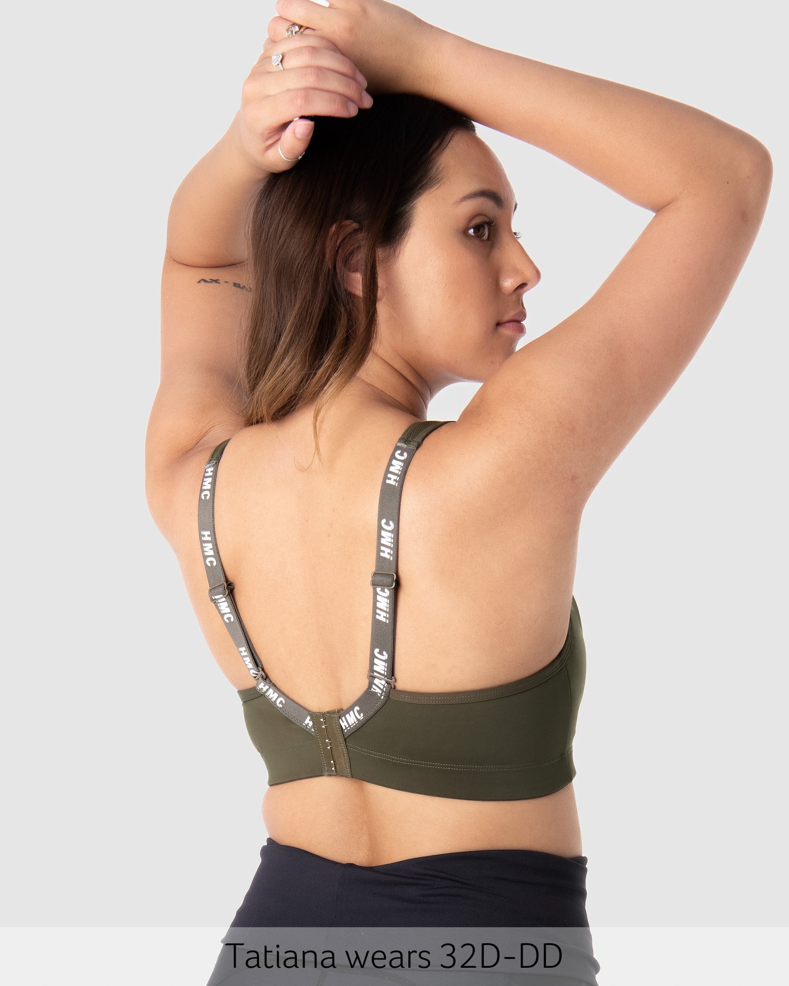 Straps worn regular on Zen Contour Wirefree Sports Bra in Olive